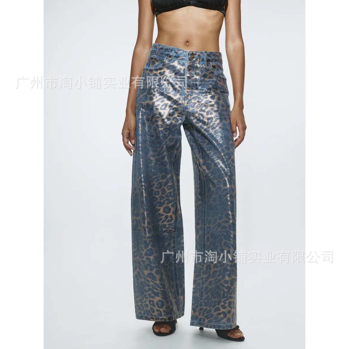 2025 European and American Spring Explosions Leopard Print Denim Slimming Straight Pants Retro High Waist Metallic Women's Jeans