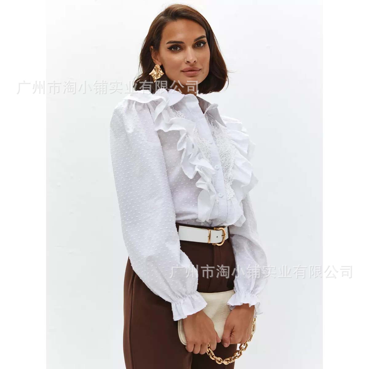 Women 2025 Fashion Bow and Layered Decoration Long Sleeve Shirt French Women's Clothing Wave Point Ruffle Fashion Shirt