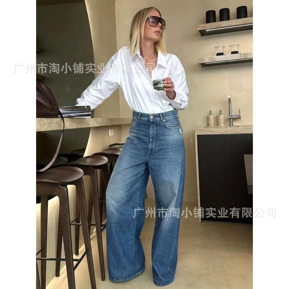 2025 American Style High Waist Wide Leg Jeans Women's Summer New Slimming All-match Dipped White Straight Pants