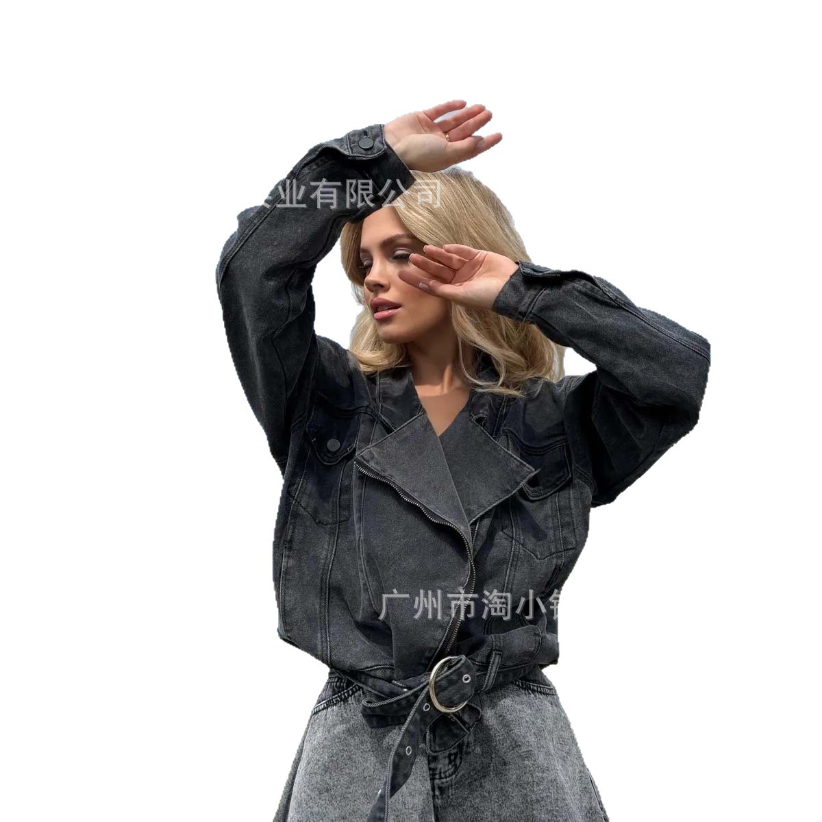 2025 New Summer Style High-End Retro Washed and Distressed Denim Short Jacket with Belt and Lapel
