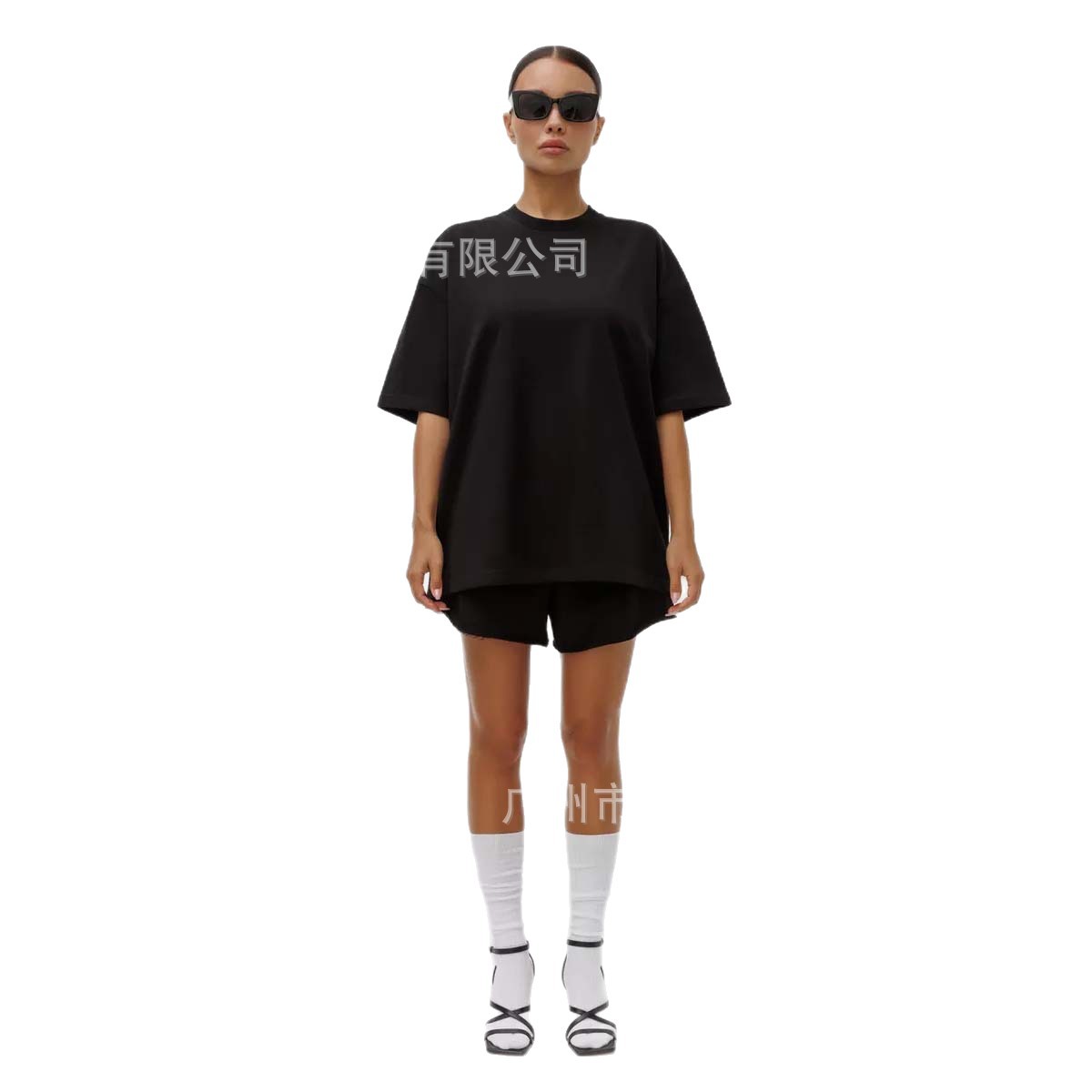 2025 American Heavyweight Pure Black Right Shoulder Short-Sleeved T-Shirt for Women, High-End, Slim and Versatile Short-Sleeved Inner with Three-Quarter Sleeves