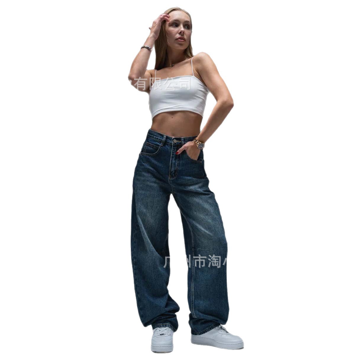 2025 New American Style Washed Whiskered Distressed Jeans for Women, Loose Straight Wide-Leg Pants, Flared Pants for Women, Trendy