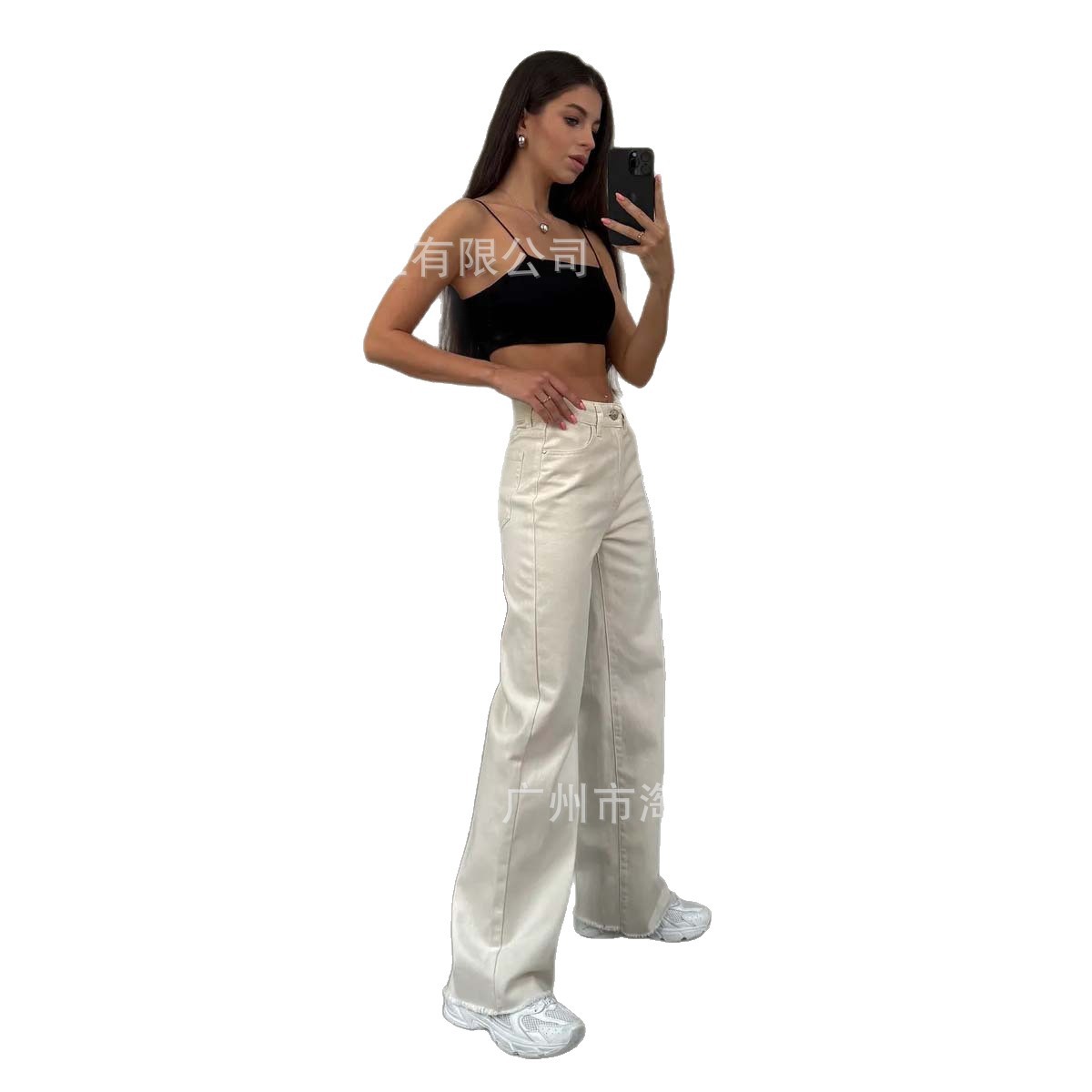 White 2025 Slim High-Waisted Wide-Leg Jeans for Women Spring and Autum New Girls Straight-Leg Loose Draped Floor-Length Pants