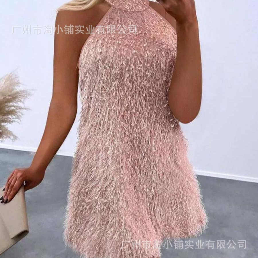 2025 autumn and winter new European and American women's fashion new round neck Mao Mao tassel dress high sexy dress