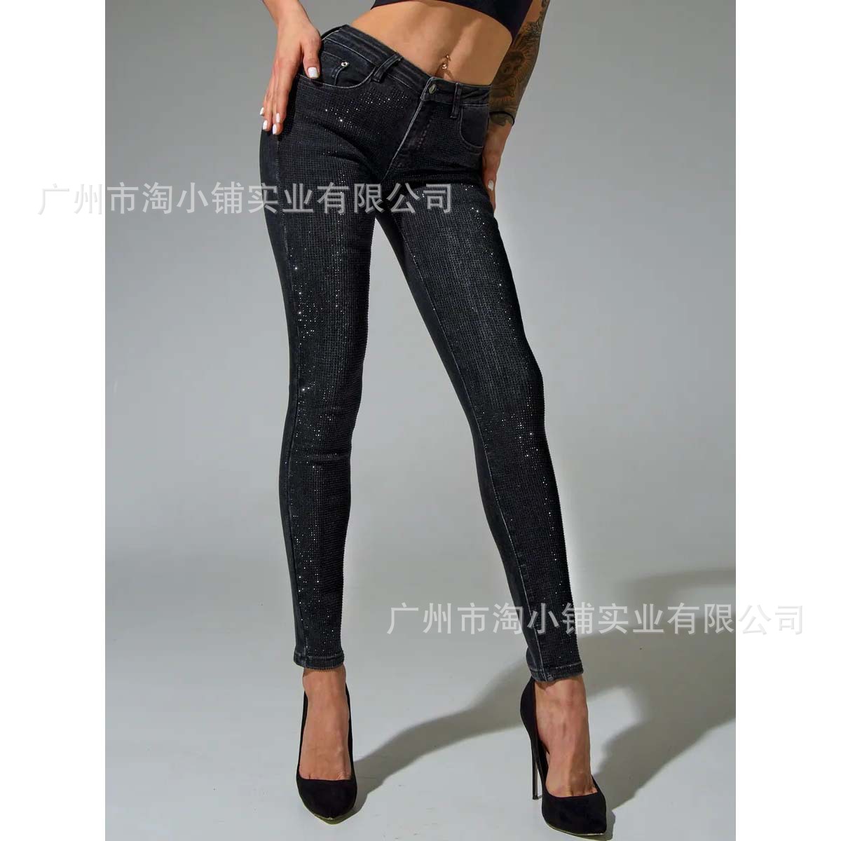 2025 Spring Fashion Women's New Ginky Star Hot Rhinestone Elegant Jeans Casual All-match Black Slim Pants