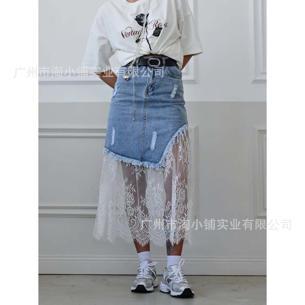 Trendy White Mesh Fashion Long Dress Spring and Summer New Slimming High Waist Denim Lace Stitching Women's Skirt Fishtail