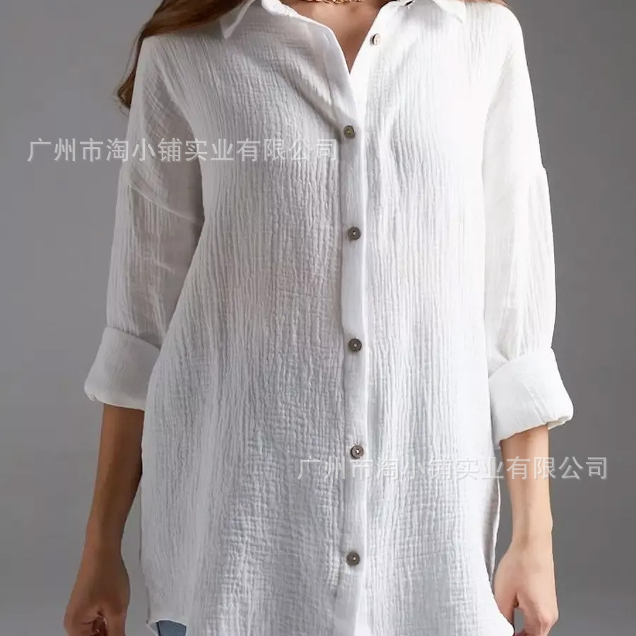 2025 European and American Solid Color Crepe Cotton Pajamas Long Shirt Long Sleeve Split Jumpsuit Spring Home Clothes Women's Shirt