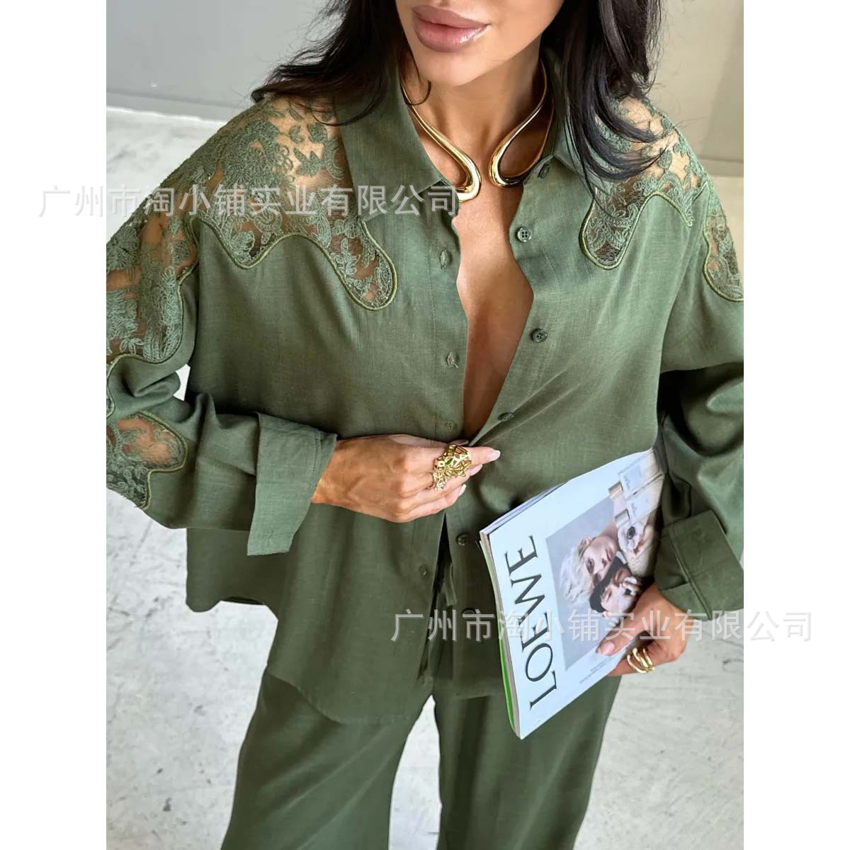 2025 Spring New Arrival Fashionable All-Match Lapel Single-Breasted Lace Embroidered Distinctive Shirt Top Women's Shirt