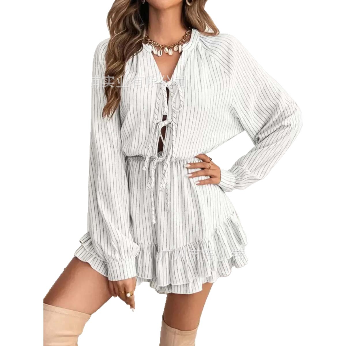 2025 Early Spring New Korean Style White Stripesd Shirt Dress Petite French Preppy Style Waist Skirt
