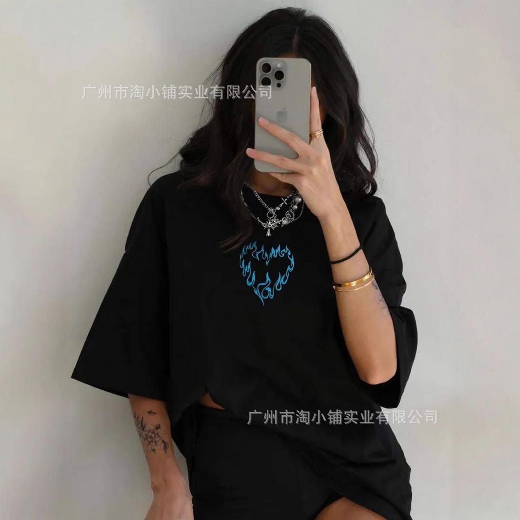 2025 Season New Short-sleeved T-shirt Printed Loose Printed Love Flame Blue Loose Short-sleeved Commuter Short-sleeved