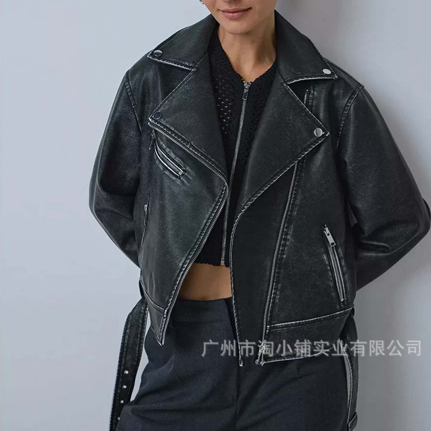 2025 New Summer European American Style Women's Lapel Motorcycle Fashion Elegant Leather Jacket Women's Handsome All-match Top