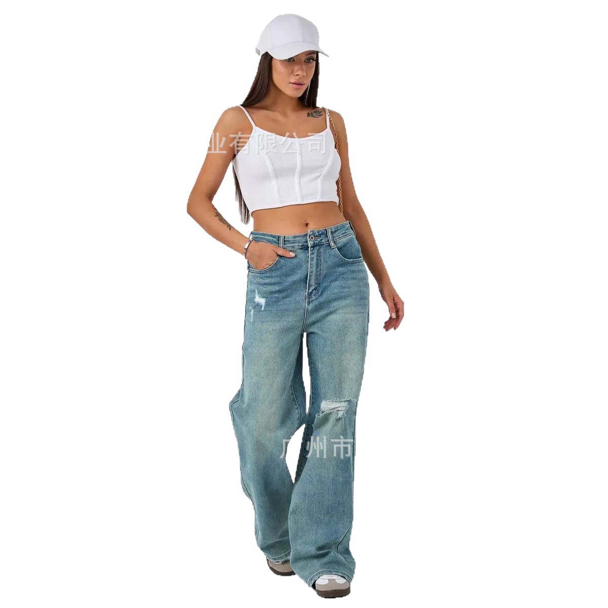Vintage Distressed Ripped Jeans for Women Summer 2025 New American High Street Wide-Leg Pants Loose Drape Slimming Long Pants