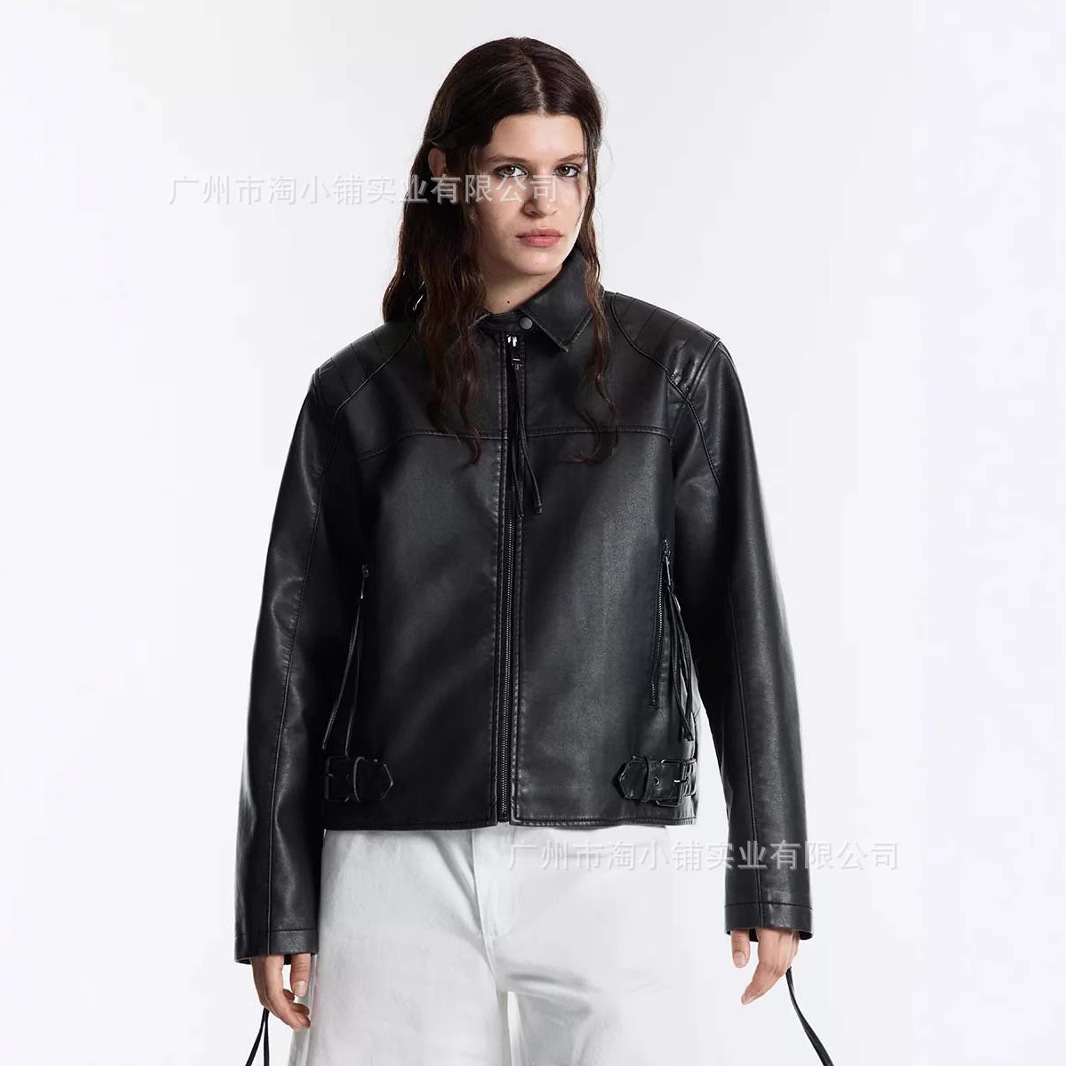 2025 New Style Jacket Leather Coat Simple Lapel New Autumn and Winter Fashion Cool Top Women's Top Coat