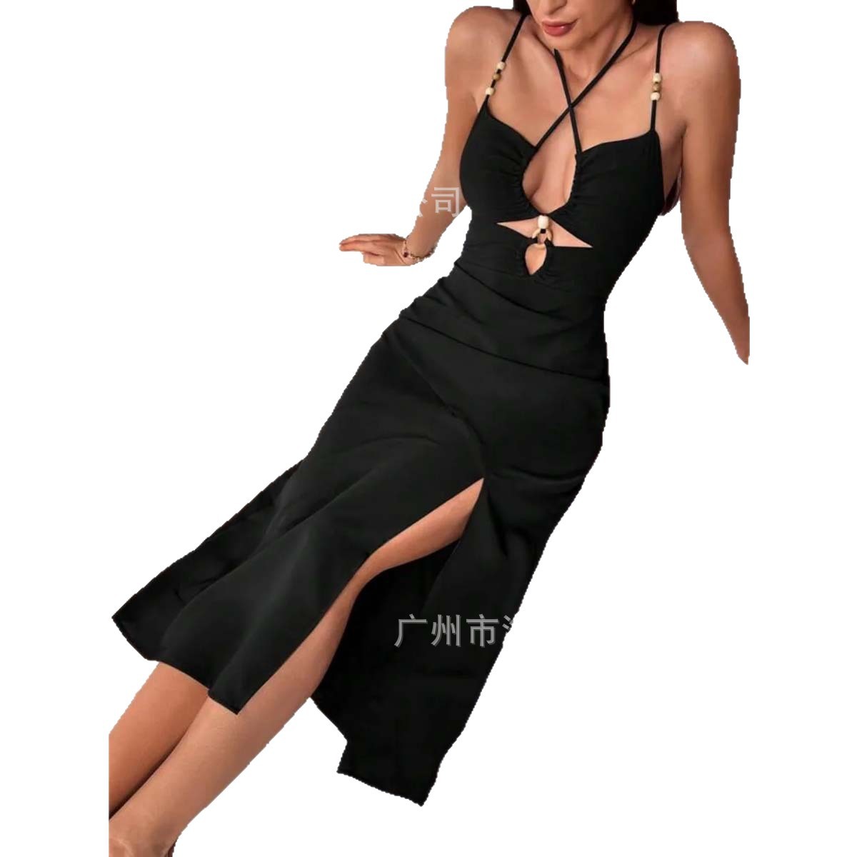 Summer New Pure Desire Sexy Splicing Hoop Suspender V Neck Slimming Look Slit Dress Dress 2025 Women