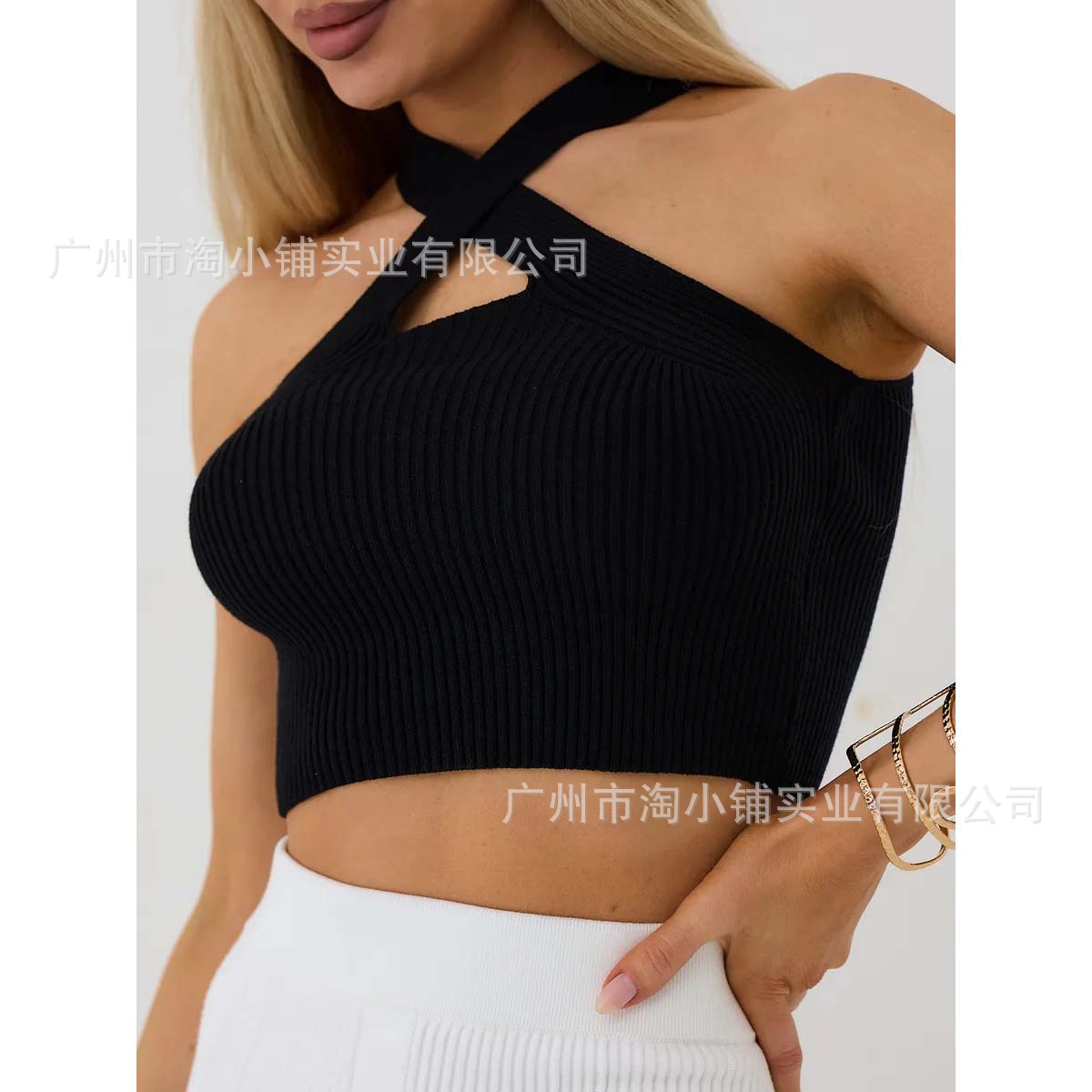 2025 New Summer Style Small Sexy Slimming Look Versatile Halterneck Cross Knitted Navel-Baring Suspender Bottoming Vest Top for Women