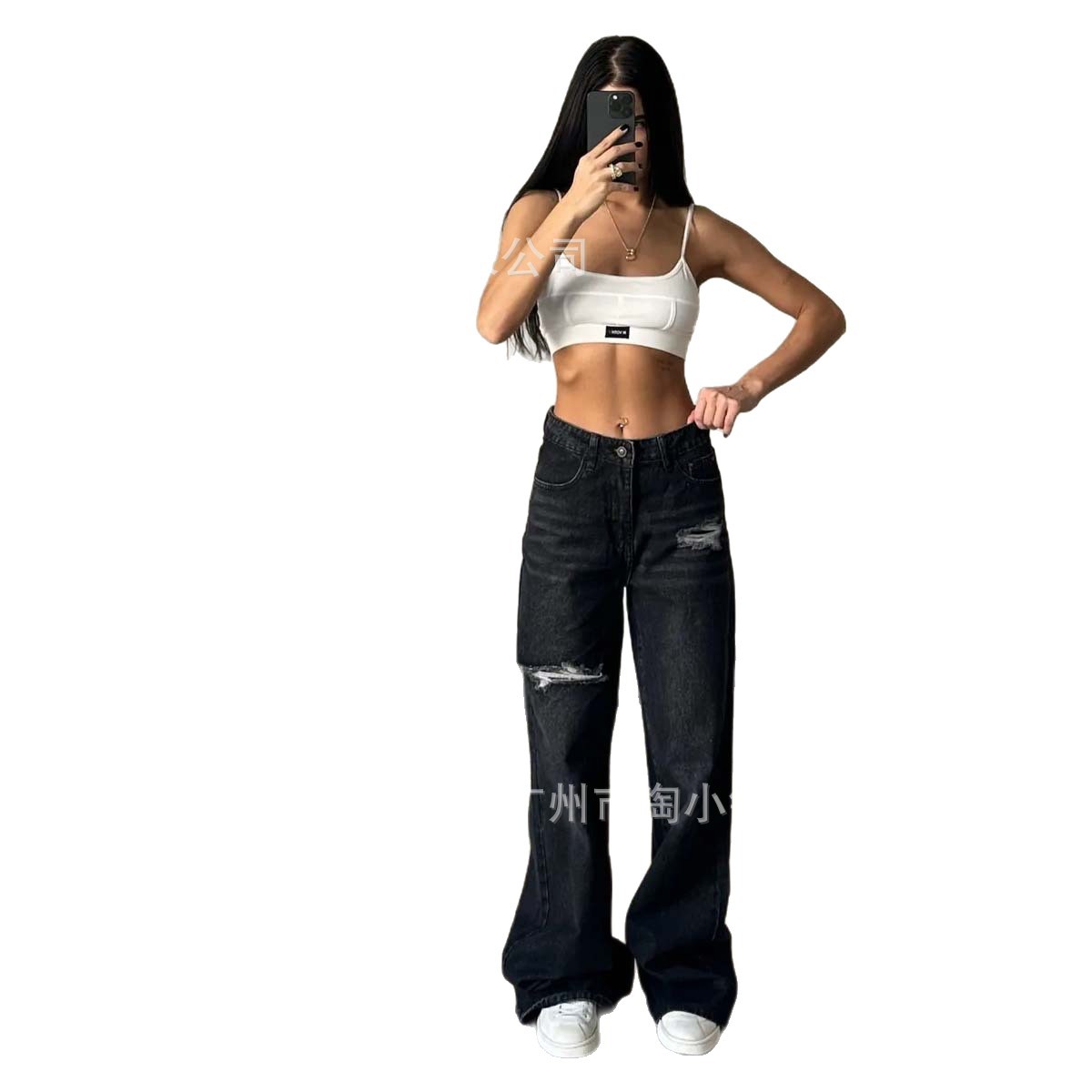 2025 Spring and Autumn New American High Street Ripped Distressed Washed Jeans Loose Straight-Leg Wide Leg Easiest for Match Trousers for Women