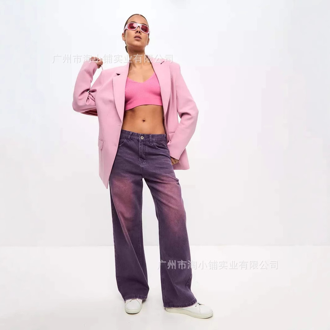 2025 New American Style Personality Retro Distressed Gradient Purple Loose Wide Leg Jeans Trousers Lazy Jeans