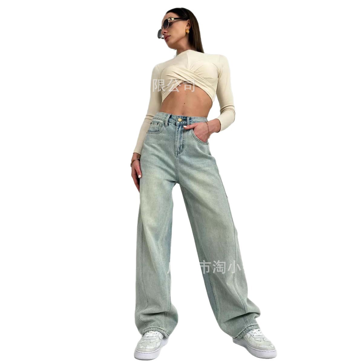 2025 New Stylish Slimming Loose Petite Drape Straight Pants Light-Colored High-Waisted Wide-Leg Jeans for Women