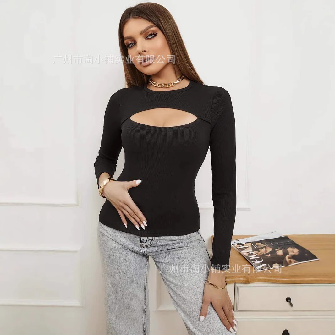 2025 High-grade Simple Sexy Chest Hollow Long Sleeve Knitted Top Women Solid Color Slim-fit Top Fashion Top