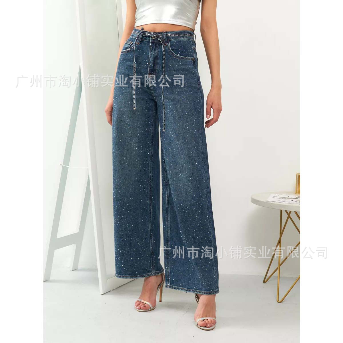 2025 New European and American High Street Full Diamond Jeans Street Hip Hop Fashionable White Jeans Wide Leg Pants Women's Denim