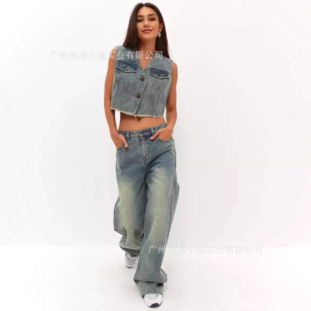 Vintage Blue Wide Leg Jeans Women's 2025 New Spring American Style High Waist Loose High Street Dipped Pants