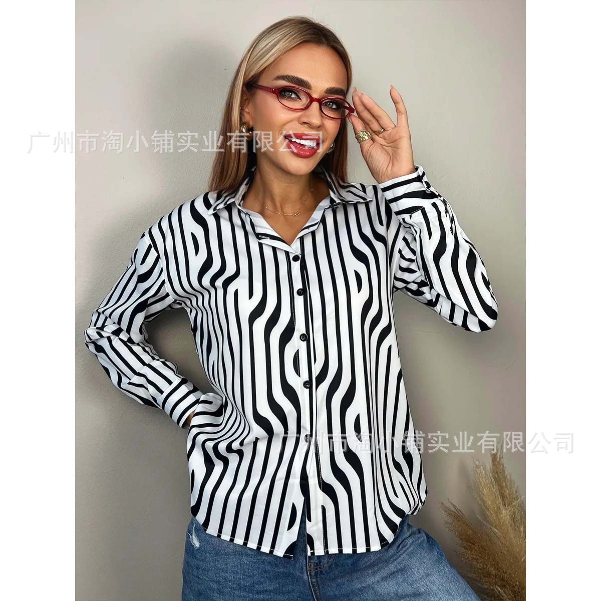 Women's European and American Hot-Selling Season Fashion Zebra Print Lapel Long-Sleeved Shirt Casual Loose Shirt Button Striped Shirt