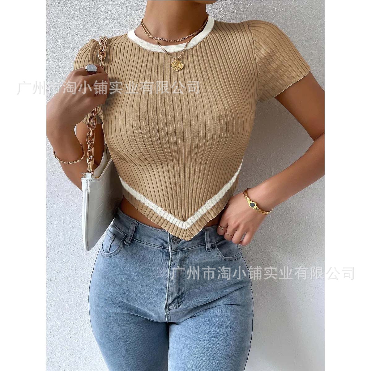 2025 European and American Women's Summer New Solid Color Ribbed Fashion Casual Short-Sleeve Shirt New Short-Sleeve Knit Top