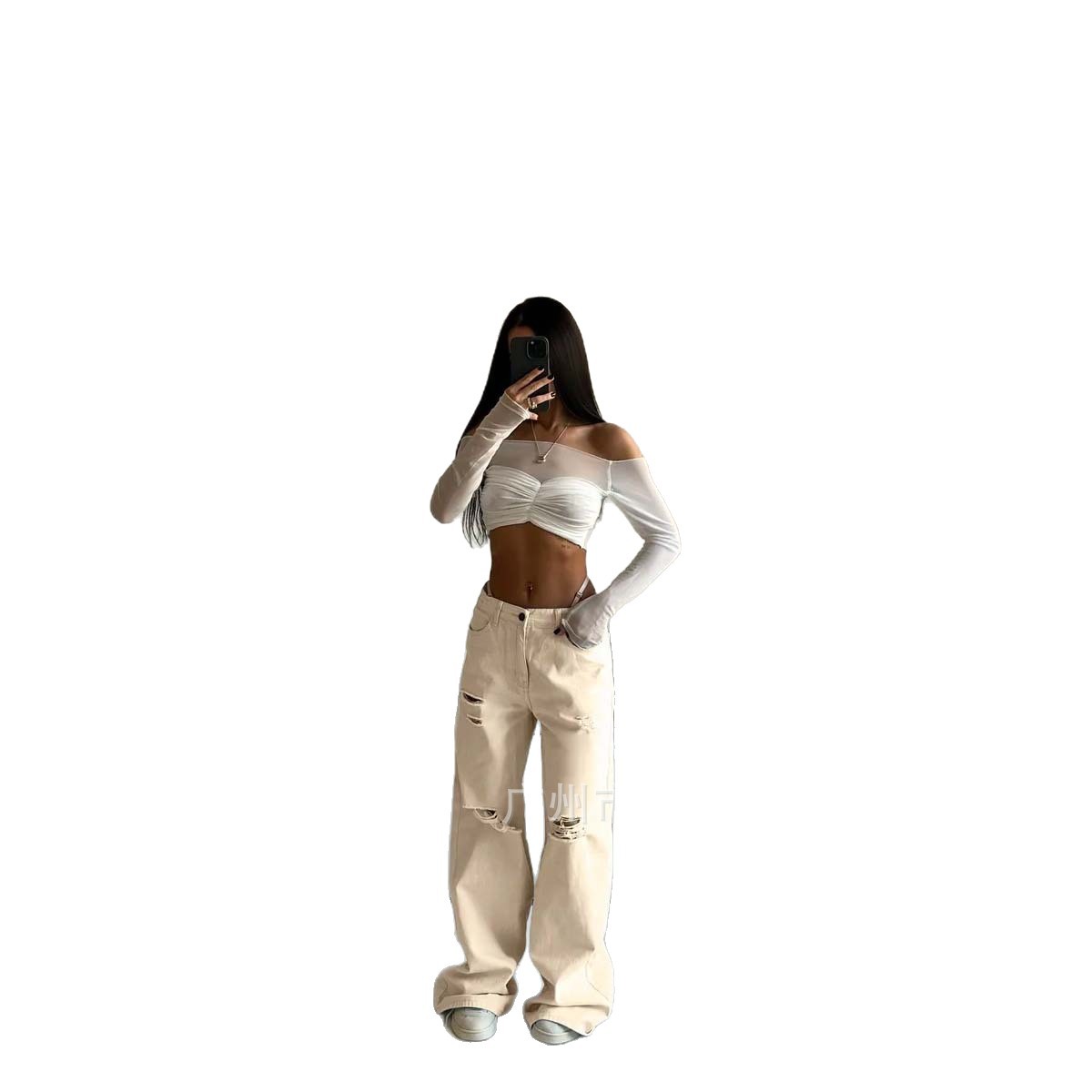 2025 American High Street Ripped Micro-Flared Workwear Denim Style Pants for Women Summer New High-Waisted Loose Wide-Leg Pants
