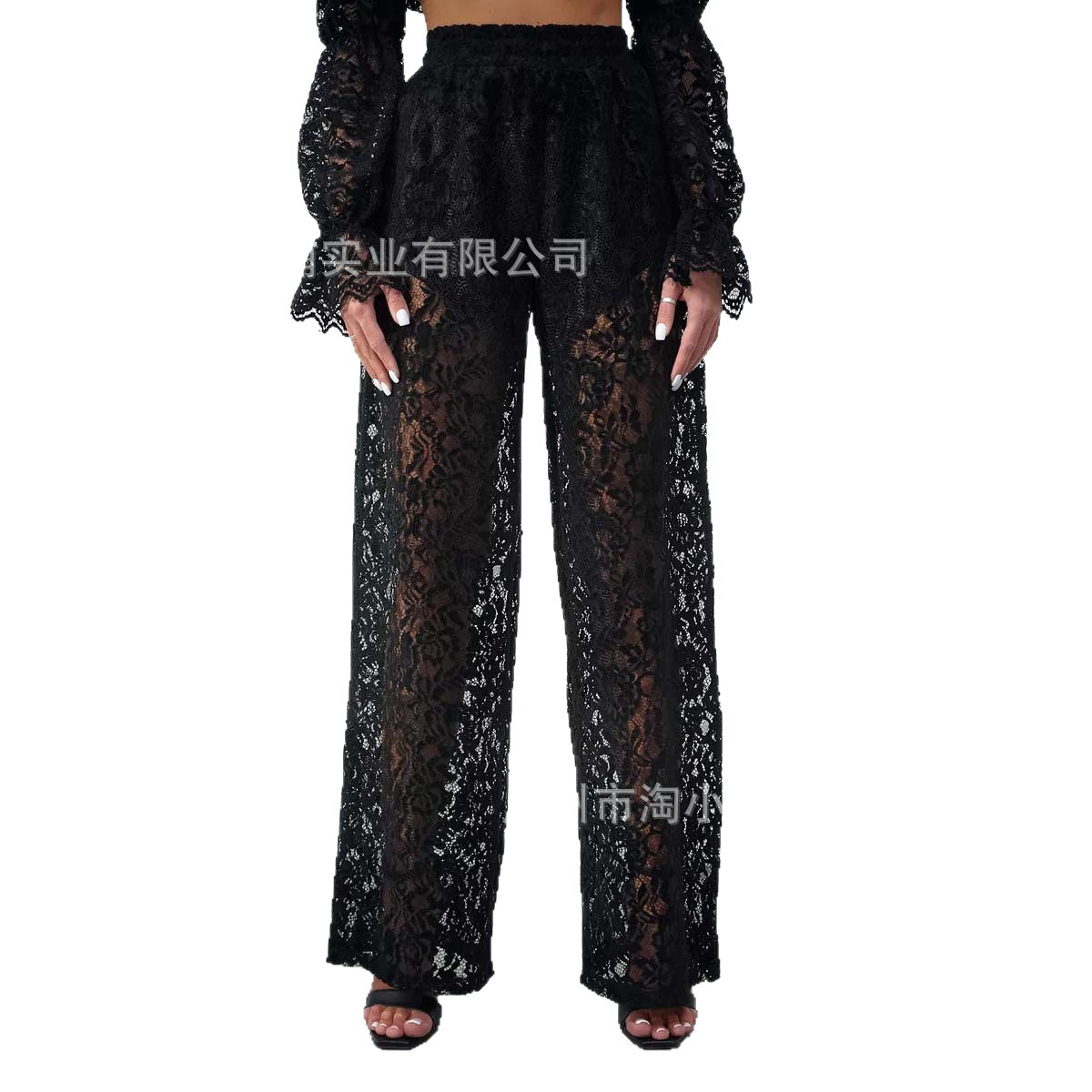 2025 Spring and Summer New Fashion Stylish Pure Color Waist Lace Jacquard Slightly See-Through Stitching Straight Casual Pants for Women