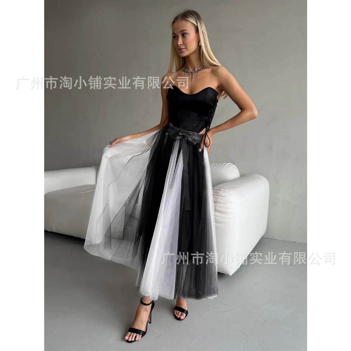 2025 New Summer Style High-Waisted A-Line Large Hem Slim Contrasting Mesh Mid-Length Skirt Women's Spliced ​​Skirt