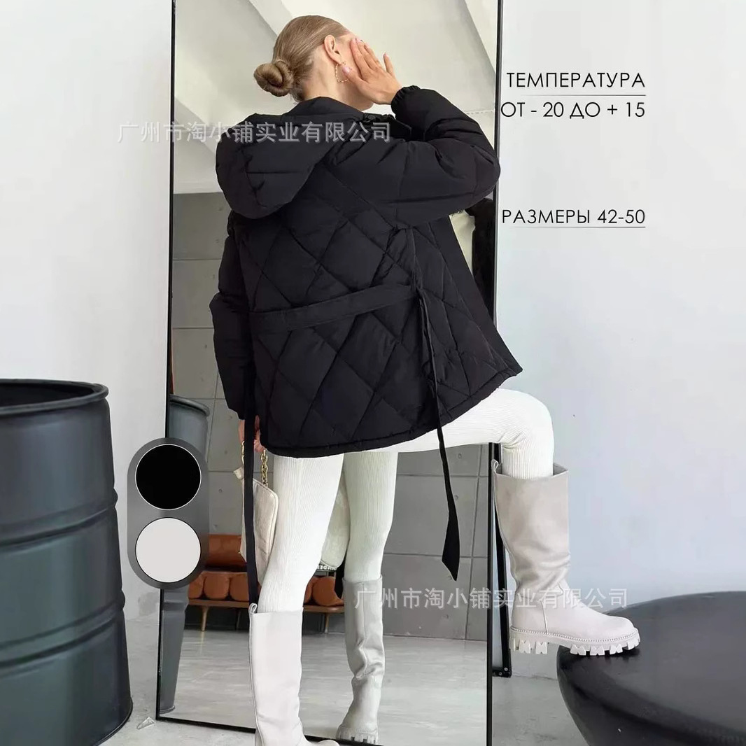 2025 Hooded Cotton Clothes New Thickened Autumn and Winter Fashion Jacket Women's Solid Color Belt Warm Coat Vintage Zipper