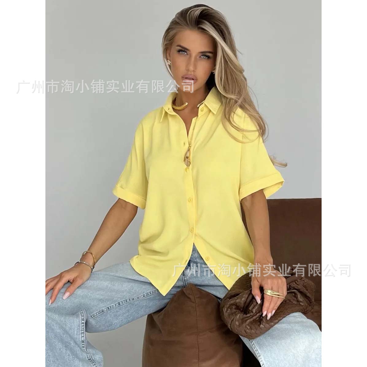 2025 New European and American Spring and Summer Women's Lapel Casual Shirt Tops Women's Button-Down Shirt Women's Tops Short Sleeves