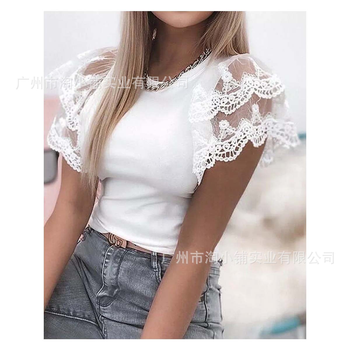 White Short Drawstring Ruffled Lace Top 2025 New European and American Women's Top Lace Short-Sleeved Lace Top
