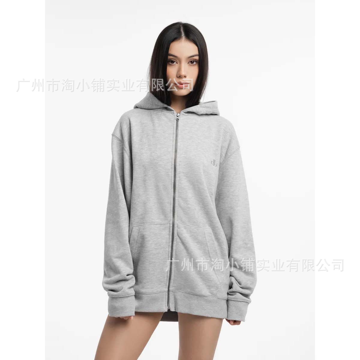高级感韩版宽松慵懒风美式复古灰色中长款拉链连帽卫衣女秋冬外套