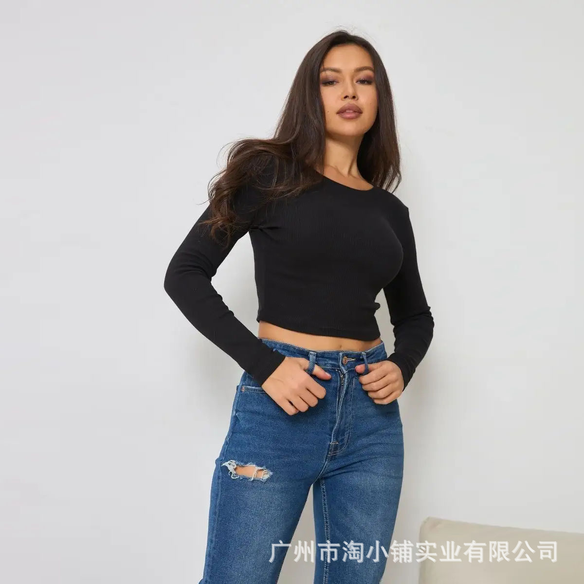 2024 Foreign Trade Amazon Europe and America New Women's Crewneck Long Sleeve Knitted Slim-fit Navel Top Base Shirt