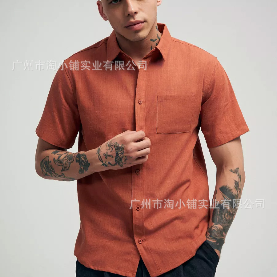 2025 Hot Selling Explosions Summer Lapel Solid Color Short Sleeve Button Simple Casual Shirt Men's Linen Shirt for Men
