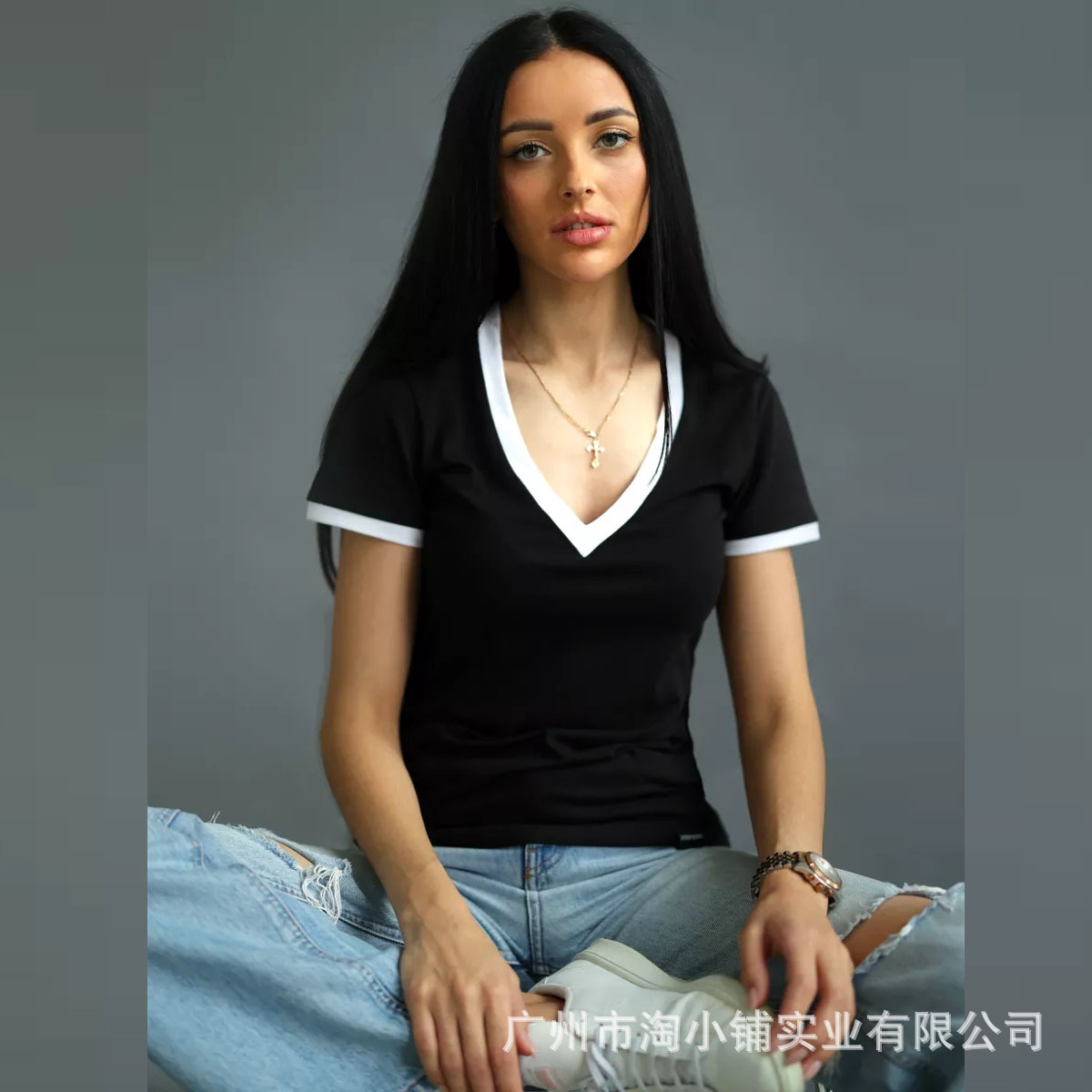 2024 Summer Sexy Slim-Fit Slim Korean Style Short Navel-Exits Short T-Sleeve V-Neck Bottoming Knit Shirt Inner Top for Women