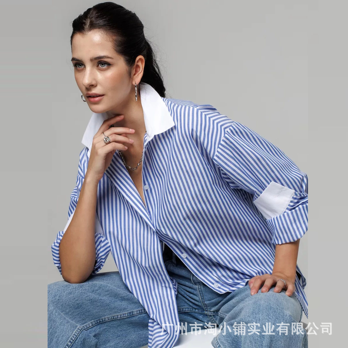 20244 New 36% Mulberry Silk Cotton Blend Striped Patchwork Color Contrast Casual Loose Long Sleeve Shirt Women's Shirt