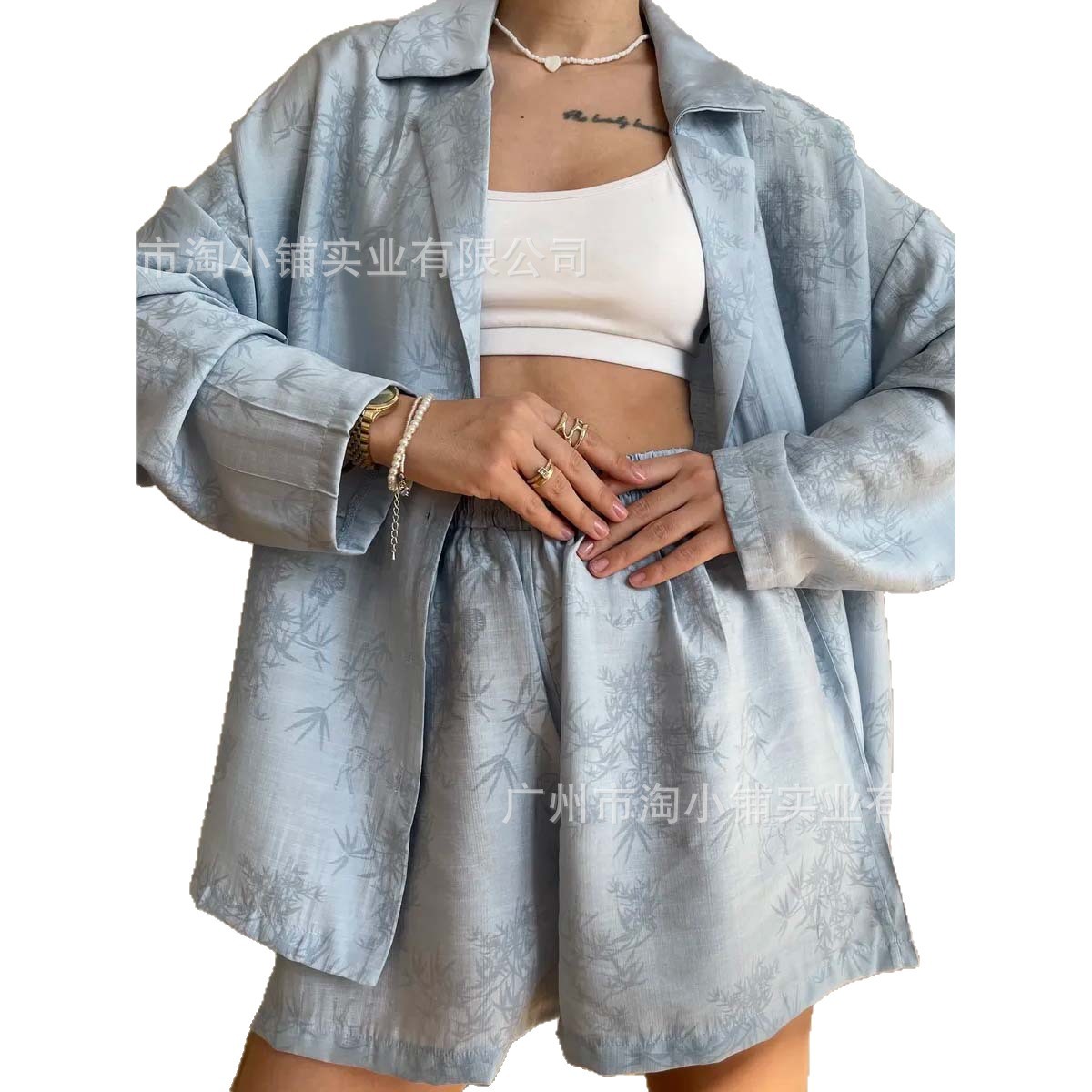 时尚休闲设计感套装女夏季新款新中式洋气衬衫上衣提花短裤两件套