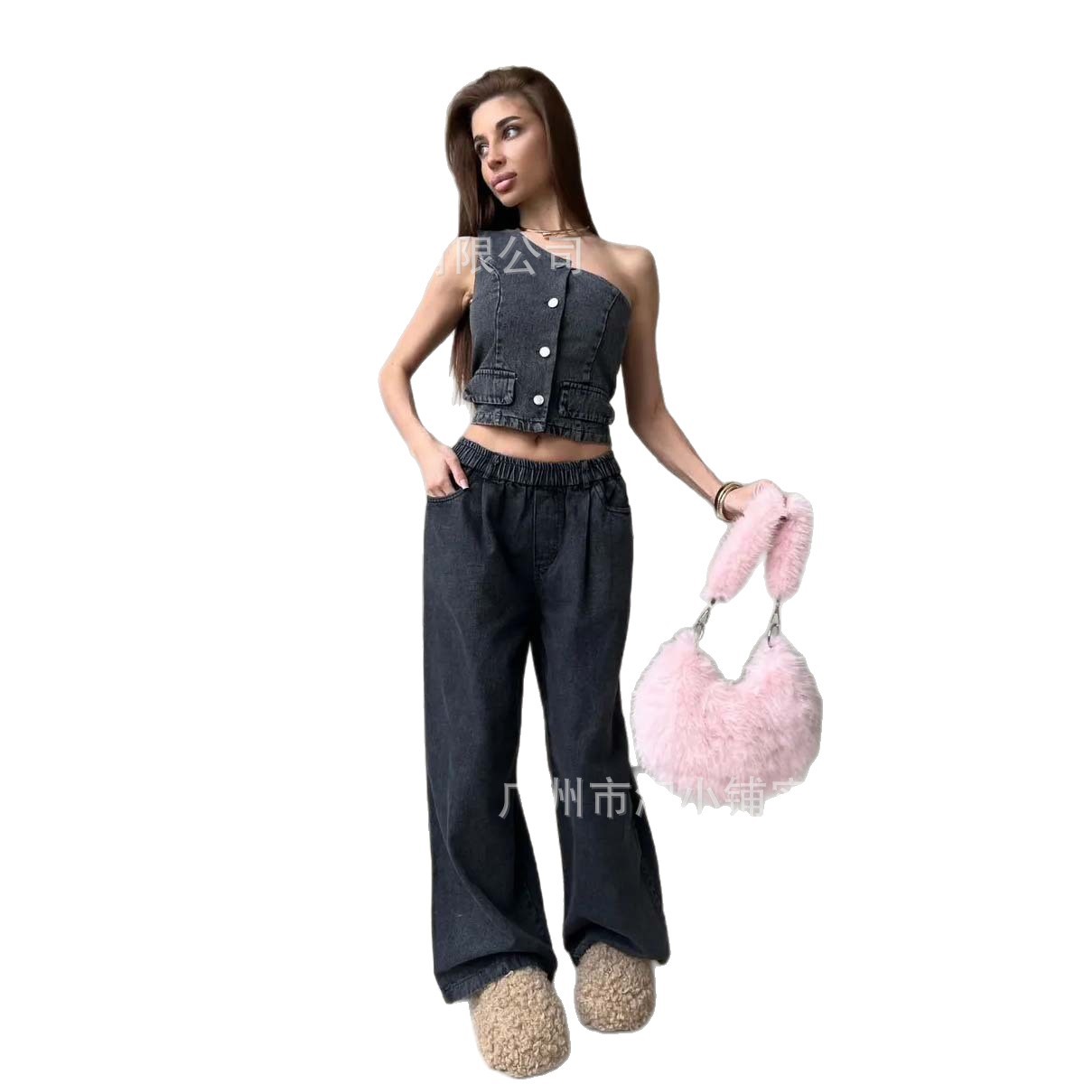 2025f irregular hot girl's short denim vest casual wide-leg pants two-piece suit for women Summer