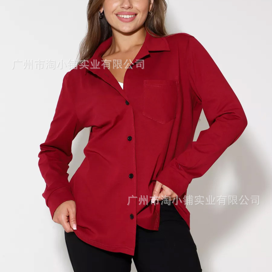 Women's Button-Up Collar Shirt Long-Sleeved Shirt Oversized Casual Top with Pocket Long-Sleeved Shirt Casual Women's Shirt