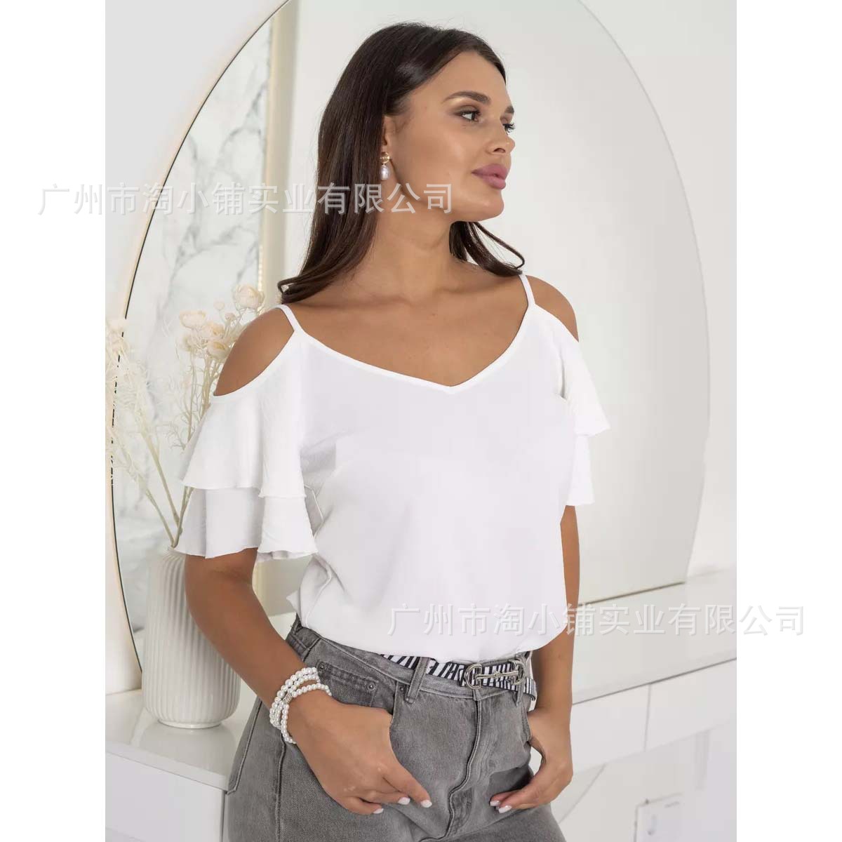 2025 Spring and Summer European and American Size Women's Slim Off-Shoulder Sexy Suspender T-Shirt Tops Casual Tops Women's Off-Shoulder