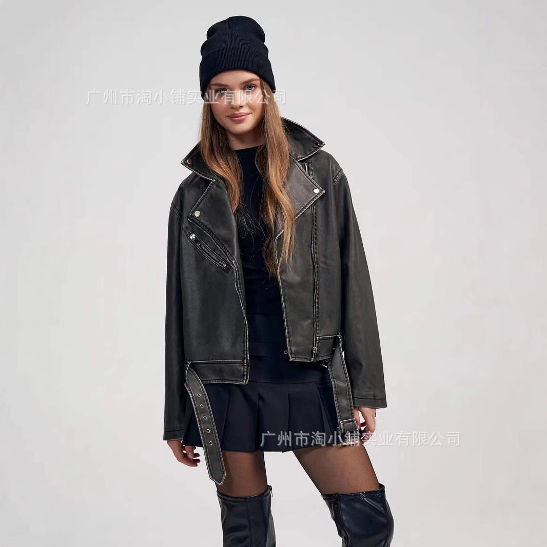 2025 New Faux Leather Motorcycle Jacket Coat Casual Leather Jacket Spice Girl Retro Motorcycle American Jacket