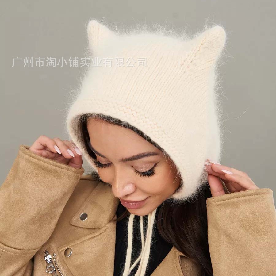 Knitted Hat 2025 Spring New Wool Hat Cat Ear Hat Cute Ear Warm Cold Hat Women's Fluffy Hat