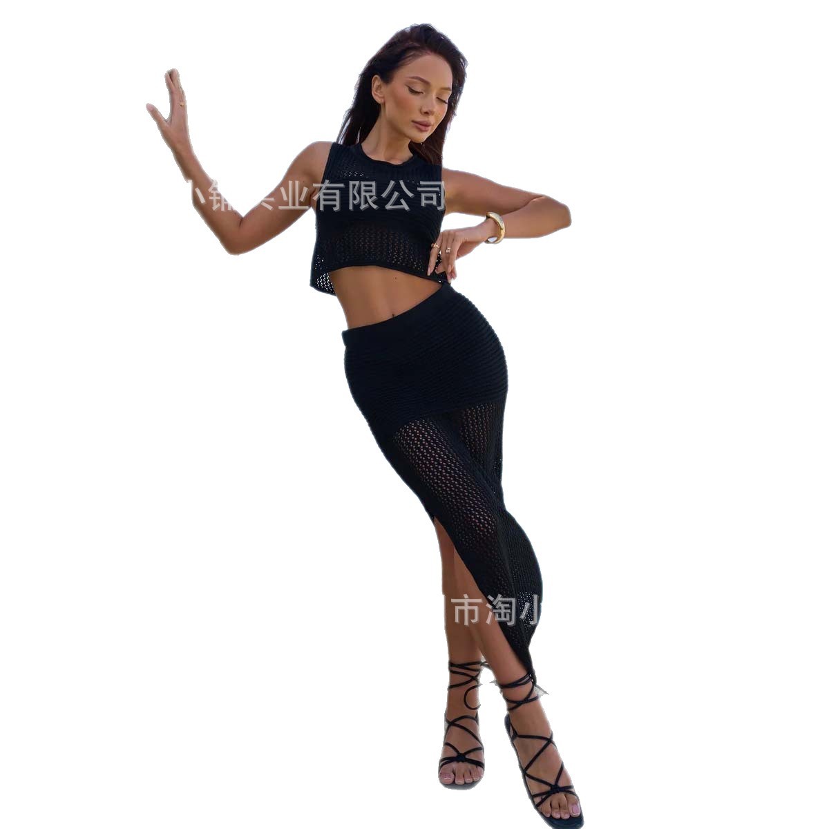2025 European and American New Pure Color Round Neck Suspender Short Top Slit Texture Half-Length Skirt Sun Protection Beach Suit