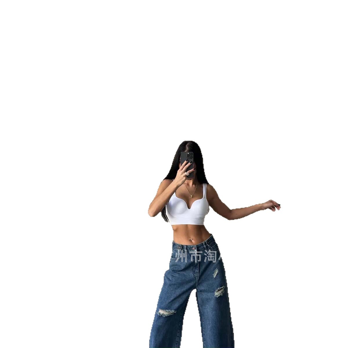2025 Ripped Jeans Summer New Style Washed Blue Women's High-Waisted Straight Ripped Wide-Leg Pants with Hip-Lifting Design