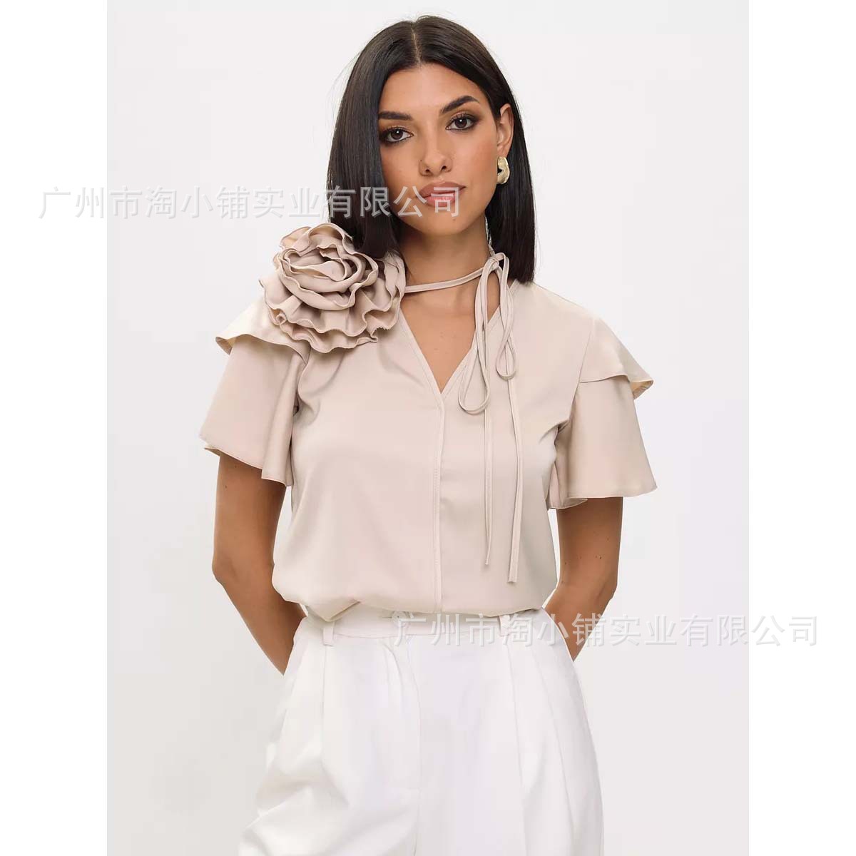 2025 New Pearl Satin Glossy Bubble Texture Satin Detachable Handmade Stereo Rose Loose Shirt for Women