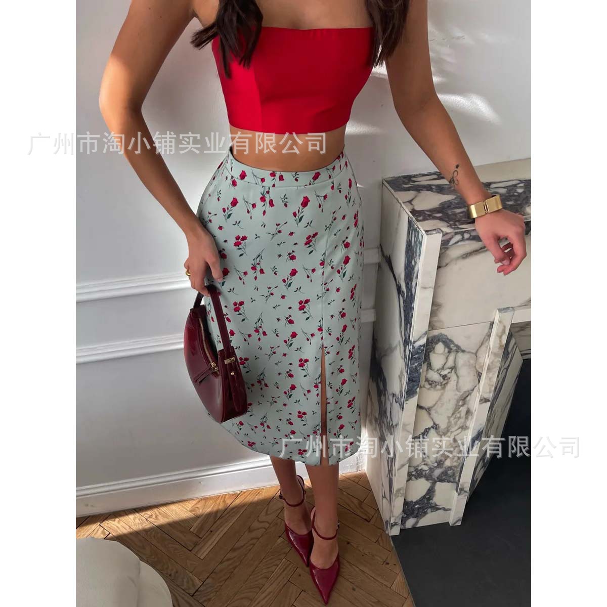 Women's 2025 Spring and Summer New Fashion Flower Print Wide Pleated Short Skirt Summer Retro Slit Women's Skirt