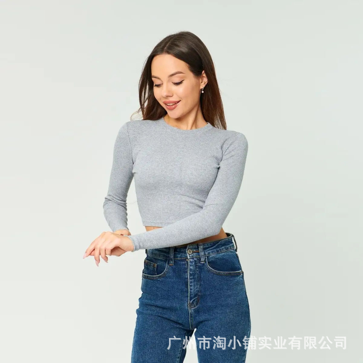 2024 Trendy New Product Amazon European and American Crewneck Long-sleeved Slim-fit Cross-border New Knitted Navel-exposed Long-sleeved Short Top