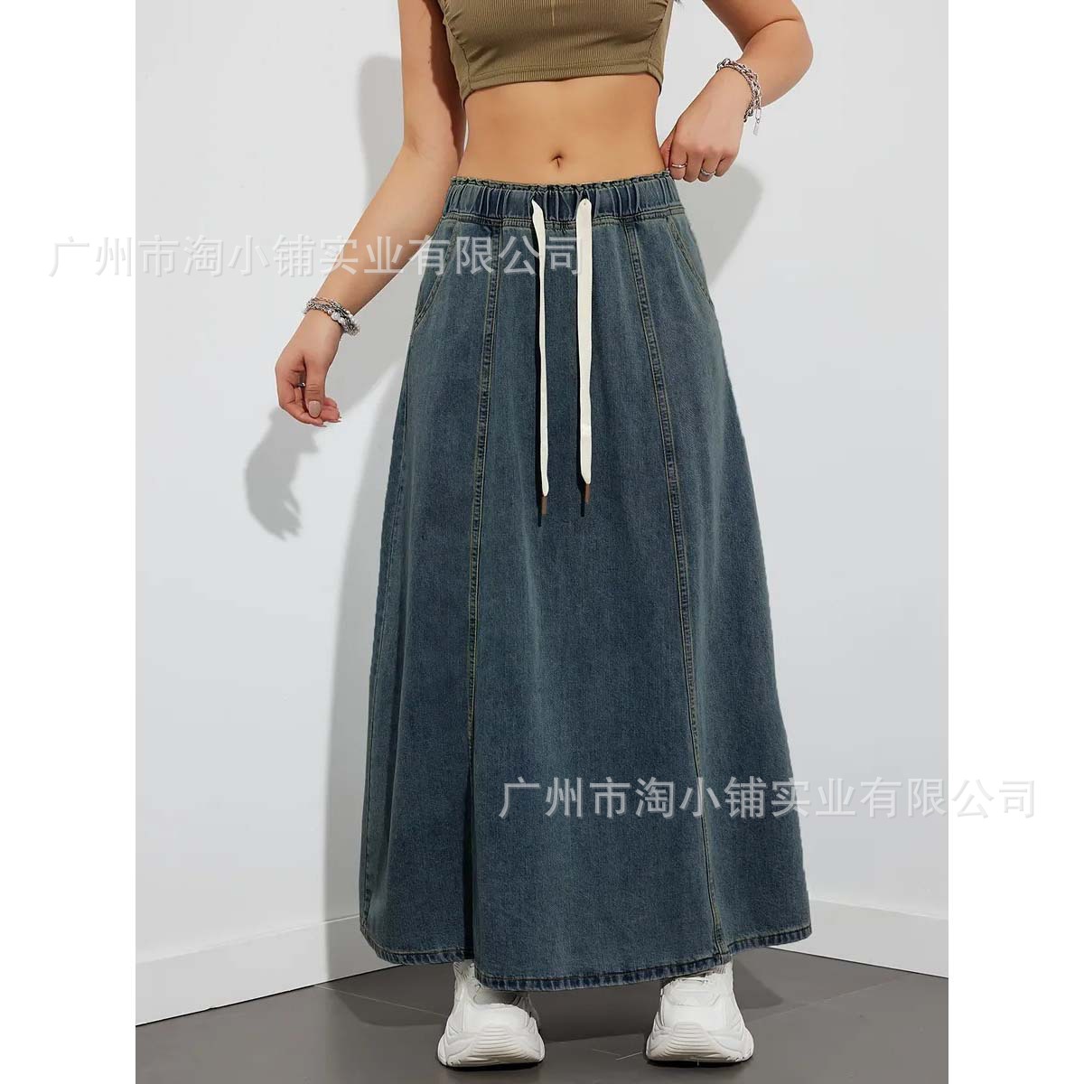 2025 Korean style vintage washed elastic waist drawstring Denim skirt mid-length loose large swing skirt women's skirt